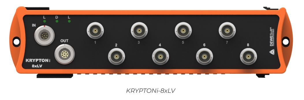 <h2>KRYPTONi 8xLV</h2>
<p>High-isolation voltage measurement module for precise multi-channel industrial signal acquisition.</p>
<h3>Highlights</h3>
<ul>
<li> 8 isolated voltage inputs </li>
<li> 24-bit oversampled SAR ADC </li>
<li> Simultaneous sampling up to 250 kS/s </li>
<li> High isolation architecture </li>
<li> Low noise and high dynamic range </li>
</ul>
<h3>Tech Specs</h3>
<ul>
<li> <strong>Input Type:</strong> Isolated voltage </li>
<li> <strong>Voltage Ranges:</strong> &plusmn;50 V, &plusmn;100 V </li>
<li> <strong>Sampling Rates:</strong> 100 S/s to 250 kS/s </li>
<li> <strong>Resolution:</strong> 24-bit oversampled SAR ADC </li>
<li> <strong>Bandwidth:</strong> 0.49&times;fs </li>
<li> <strong>Input Coupling:</strong> DC </li>
<li> <strong>Input Impedance:</strong> 1 M&Omega; </li>
<li> <strong>Supported Measurements:</strong> Voltage </li>
<li> <strong>Noise Floor:</strong> 0.7 mVRMS </li>
<li> <strong>Isolation:</strong> 1000 Vpeak channel-to-ground &amp; channel-to-channel </li>
<li> <strong>Connectors:</strong> BNC, LEMO 2-pin </li>
<li> <strong>Power Supply:</strong> 9&ndash;48 VDC </li>
<li> <strong>Power Consumption:</strong> 6.8 W</li>
</ul>