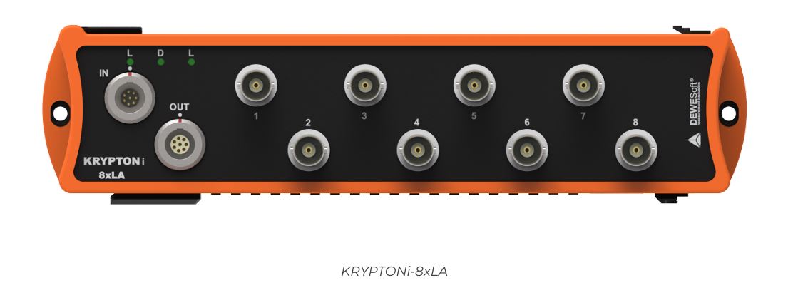 <h2>KRYPTONi 8xLA</h2>
<p>High-isolation current measurement module for precise multi-channel current acquisition.</p>
<h3>Highlights</h3>
<ul>
<li> 8 isolated current inputs </li>
<li> 24-bit oversampled SAR ADC </li>
<li> Simultaneous sampling up to 20 kS/s </li>
<li> High isolation architecture </li>
<li> Low noise and high channel separation </li>
</ul>
<h3>Tech Specs</h3>
<ul>
<li> <strong>Input Type:</strong> Isolated current </li>
<li> <strong>Current Range:</strong> &plusmn;20 mA </li>
<li> <strong>Sampling Rates:</strong> 100 S/s to 20 kS/s </li>
<li> <strong>Resolution:</strong> 24-bit oversampled SAR ADC </li>
<li> <strong>Bandwidth:</strong> 0.49&times;fs </li>
<li> <strong>Input Coupling:</strong> DC </li>
<li> <strong>Input Impedance:</strong> 50 &Omega; </li>
<li> <strong>Supported Measurements:</strong> Current </li>
<li> <strong>Noise Floor:</strong> 0.3 &micro;ARMS </li>
<li> <strong>Isolation:</strong> 1000 Vpeak channel-to-ground &amp; channel-to-channel </li>
<li> <strong>Connector:</strong> BNC </li>
<li> <strong>Power Supply:</strong> 9&ndash;48 VDC </li>
<li> <strong>Power Consumption:</strong> 6.8 W</li>
</ul>