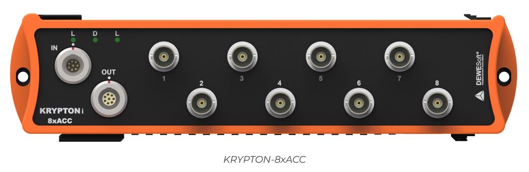 <h2>KRYPTON 8xACC</h2>
<p>Isolated voltage and IEPE measurement module for precise multi-channel vibration and acoustic data acquisition.</p>
<h3>Highlights</h3>
<ul>
<li> 8 isolated analog input channels</li>
<li>24-bit delta-sigma ADC with anti-aliasing filter</li>
<li>Simultaneous sampling up to 20 kS/s per channel</li>
<li>Dedicated IEPE input mode with constant current excitation</li>
<li>TEDS support for automated sensor recognition</li>
</ul>
<ul>
</ul>
<h3>Tech Specs</h3>
<ul>
<li><strong>Input Type:</strong> Voltage, IEPE</li>
<li><strong>Number of Channels:</strong> 8</li>
<li><strong>Sampling Rates:</strong> Simultaneous 20 kS/s per channel (software-selectable)</li>
<li><strong>Resolution:</strong> 24-bit delta-sigma with anti-aliasing filter</li>
<li><strong>Voltage Ranges:</strong> &plusmn;10 V, &plusmn;5 V, &plusmn;1 V, &plusmn;200 mV</li>
<li><strong>Bandwidth (-3 dB):</strong> 0.49 fs</li>
<li><strong>Input Coupling:</strong> DC, AC 0.1 Hz, 1 Hz</li>
<li><strong>Input Impedance:</strong> 1 M&Omega;</li>
<li><strong>IEPE Excitation:</strong> 4 mA, 8 mA</li>
<li><strong>Compliance Voltage:</strong> 25 V</li>
<li><strong>Sensor Detection:</strong> Shortcut: <4 V; Open: >19 V</li>
<li><strong>TEDS Support:</strong> IEPE mode only</li>
<li><strong>Input Connector:</strong> BNC</li>
<li><strong>Overvoltage Protection:</strong> In+ to In-: 50 V continuous, 200 V peak (10 msec)</li>
<li><strong>Power Supply:</strong> 9 - 48 V DC</li>
<li><strong>Power Consumption:</strong> 4.6 W</li>
</ul>