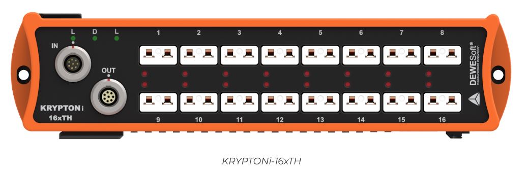 <h2>KRYPTONi 16xTH</h2>
<p>Isolated universal thermocouple and voltage measurement module for precise, high-density temperature data acquisition.</p>
<h3>Highlights</h3>
<ul>
<li> 16 isolated analog input channels</li>
<li>24-bit delta-sigma ADC</li>
<li>Simultaneous sampling up to 100 S/s</li>
<li>Support for a wide range of thermocouple types (K, J, T, R, S, N, E, C, B)</li>
<li>High isolation architecture with IP67 environmental protection</li>
</ul>
<ul>
</ul>
<h3>Tech Specs</h3>
<ul>
<li><strong>Input Type:</strong> Isolated universal thermocouple and voltage</li>
<li><strong>Number of Channels:</strong> 16</li>
<li><strong>Sampling Rates:</strong> Simultaneous 100, 80, 40, 20, 10 S/s (software selectable)</li>
<li><strong>Resolution:</strong> 24-bit delta-sigma</li>
<li><strong>Voltage Ranges:</strong> &plusmn;1 V, &plusmn;100 mV</li>
<li><strong>Input Coupling:</strong> DC</li>
<li><strong>Input Impedance:</strong> 100 M&Omega;</li>
<li><strong>Thermocouple Types:</strong> K, J, T, R, S, N, E, C, B</li>
<li><strong>Thermocouple Resolution:</strong> < 0.001 &deg;C</li>
<li><strong>Input Connector:</strong> Mini Thermocouple connector (copper)</li>
<li><strong>Isolation Voltage:</strong> 1000 Vpeak channel/ground &amp; channel/channel</li>
<li><strong>IP Rating:</strong> IP67 (Depending on mating connector types, IP65 standard)</li>
<li><strong>Power Supply:</strong> 9 - 48 V DC</li>
<li><strong>Power Consumption:</strong> 4 W</li>
</ul>