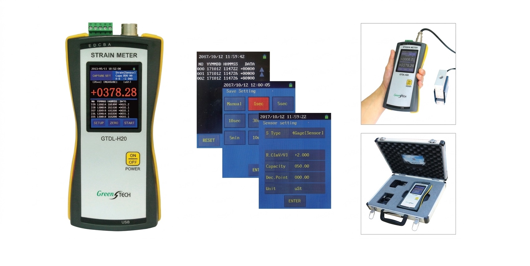 <h2>GTDL-H20</h2>
<p>Portable handheld strain meter and data logger for precise on-site structural and sensor data acquisition.</p>
<h3>Highlights</h3>
<ul>
<li> 3.2-inch TFT touchable LCD display for real-time visualization</li>
<li>Multi-sensor support covering strain gages, bridge sensors, potentiometers, and RTDs</li>
<li>High-resolution 24-bit A/D conversion</li>
<li>Rechargeable internal Lithium-ion battery for field mobility</li>
<li>Built-in data memory with external expansion capabilities</li>
</ul>
<ul>
</ul>
<h3>Tech Specs</h3>
<ul>
<li><strong>Display:</strong> 3.2 inch TFT Touchable LCD</li>
<li><strong>Internal Battery:</strong> Lithium-ion 3.7V, 1800 mAh</li>
<li><strong>Internal Data Memory:</strong> 4KByte (Option: 4GByte)</li>
<li><strong>Input Sensor - Strain Gages:</strong> 1 Gauge &amp; 2 Gauge: 120 &Omega;, 350 &Omega;</li>
<li><strong>Input Sensor - Bridge Sensors:</strong> 4 Gauge Bridge Sensor: 0.5 mV/V~ 10 mV/V</li>
<li><strong>Input Sensor - Misc:</strong> Potentiometer Sensor, Pt100 RTD</li>
<li><strong>Connector for Sensor:</strong> 5p Screw connector &amp; TAJIMI</li>
<li><strong>Strain Input Range:</strong> &plusmn;30,000 (&mu;&epsilon;)</li>
<li><strong>A/D Conversion:</strong> 24 Bit</li>
<li><strong>A/D Conversion Speed:</strong> 10 times/sec</li>
<li><strong>Data Save:</strong> 400 Point Save</li>
<li><strong>Data Download:</strong> USB</li>
<li><strong>Program:</strong> Multiscan S/W &amp; Multiload S/W</li>
<li><strong>Demension:</strong> 98(W)*200(H)*35(D)mm</li>
</ul>
<p>&nbsp;</p>
<ul>
</ul>